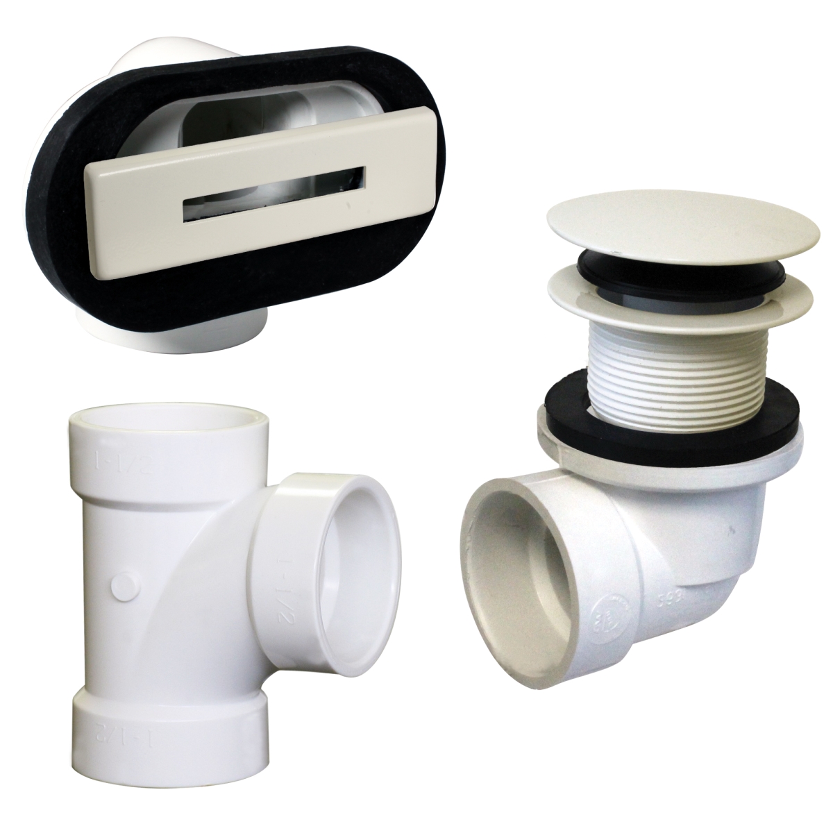 Linear Overflow Plumbers Pack withTee & ADA Tip-Toe Drain in Powder Coat Biscuit