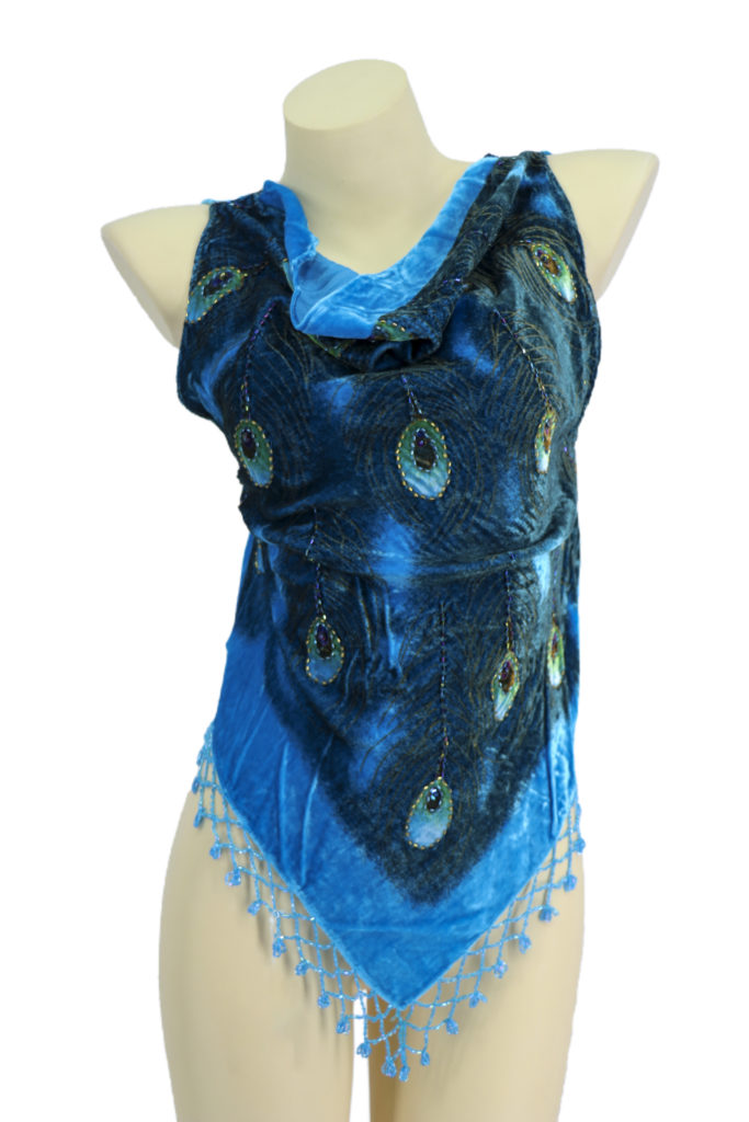 Picture of Western Fashion 1797-TRQ-S Peacock Feather Burnout Velvet Top with Half Back & Covers Bra Strap&#44; Turquoise - Small