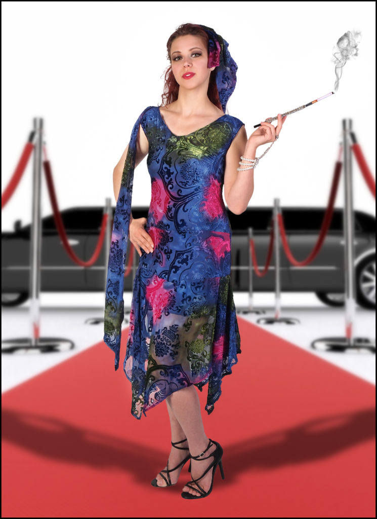 Picture of Western Fashion 1833-BLUML-M Burnout Velvet Medallion Design Dress&#44; Blue Multi Color - Medium