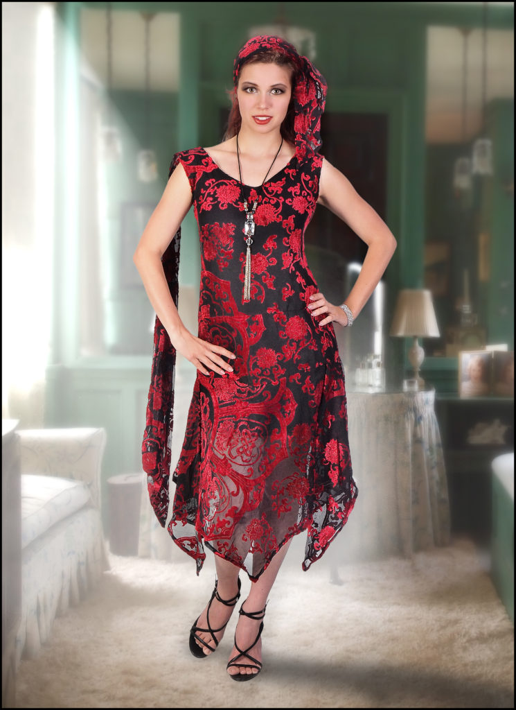 Picture of Western Fashion 1833-RDBLK-L Burnout Velvet Medallion Design Dress&#44; Red & Black - Large