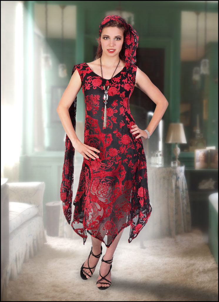 Picture of Western Fashion 1833-RDBLK-XL Burnout Velvet Medallion Design Dress&#44; Red & Black - Extra Large