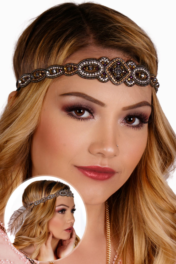 Picture of Western Fashion 71183 Flapper Beaded Headband with Feathers&#44; Brown