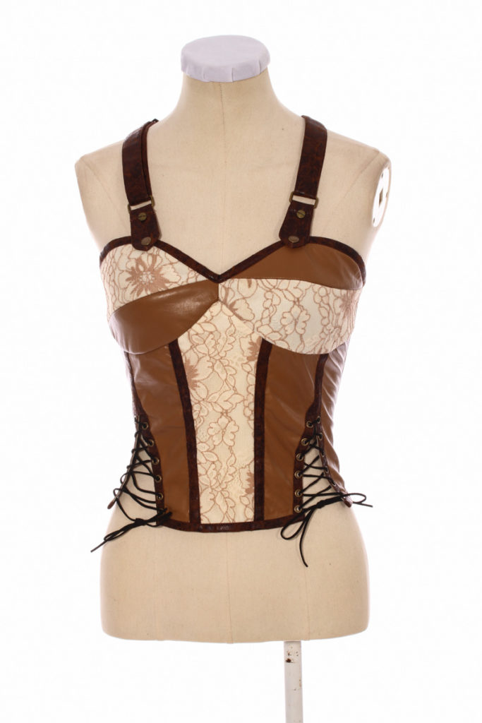 Picture of Western Fashion SP227-XL Steampunk Patchwork Camisole Top with Pu Straps & Y-Back&#44; Brown - Extra Large
