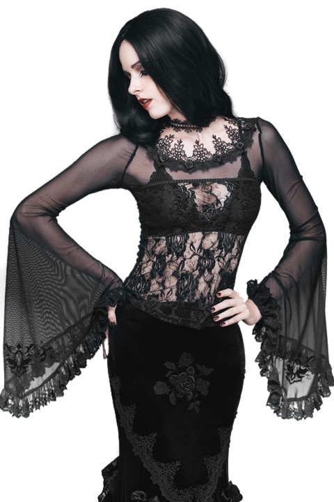 Picture of Western Fashion ETT52-L Gothic Mesh Lace Top with Trumpet Sleeves, Black - Large