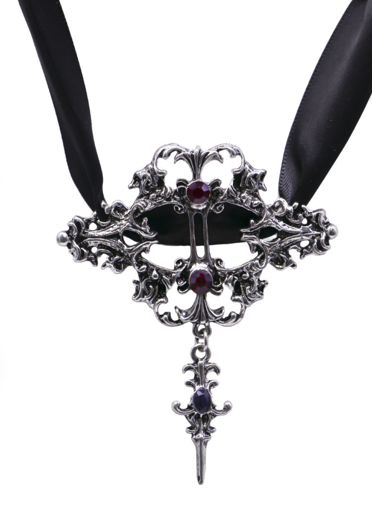 55459 Ornate Ribbon Necklace with Red Gems, Silver