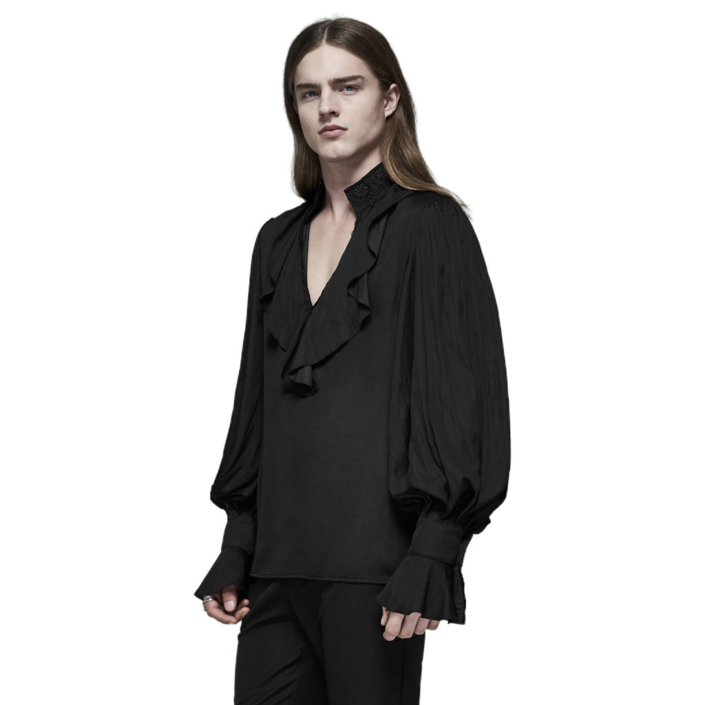 Picture of Western Fashion WY1152-M Rococo V-Neck Shirt with Pleated Bubble Sleeves, Black - Medium