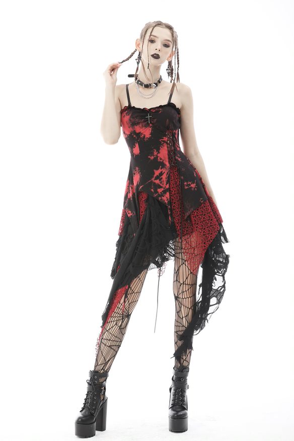 Picture of Western Mania DW585-SMD Women Gothic Punk Rock Irregular Net Dye Strap Dress&#44; Red - Small & Medium