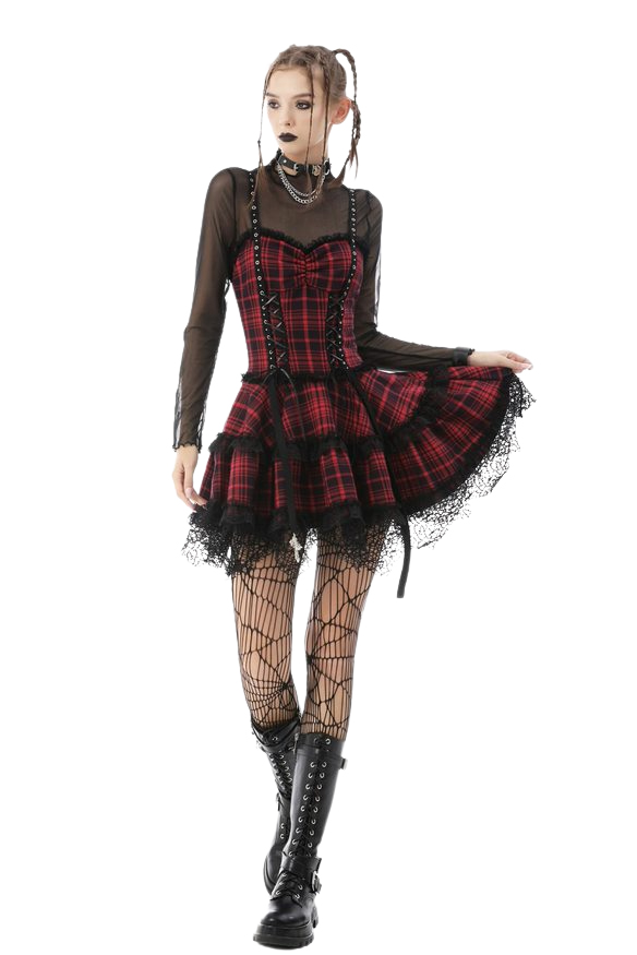 Picture of Western Mania DW597-L Women Gothic Punk Mini Strap Plaid Dress&#44; Red - Large