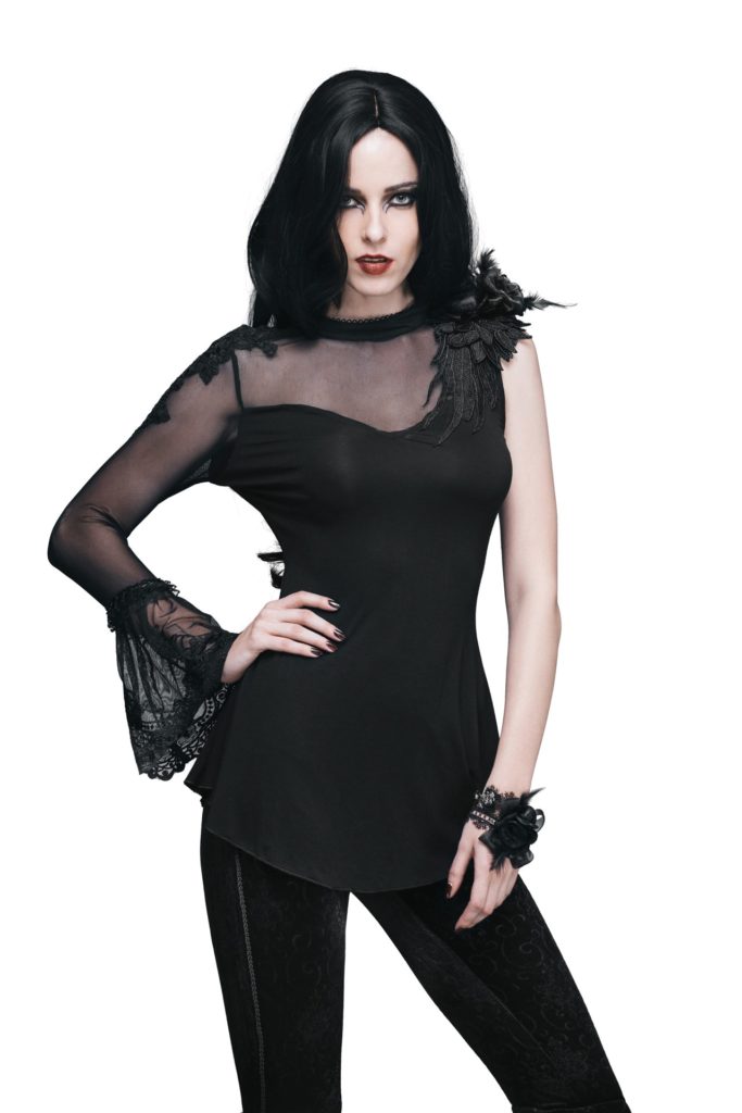 Picture of Western Mania ETT3-S Gothic Asymmetrical Feather Lace Top with Bell Sleeve&#44; Black - Small