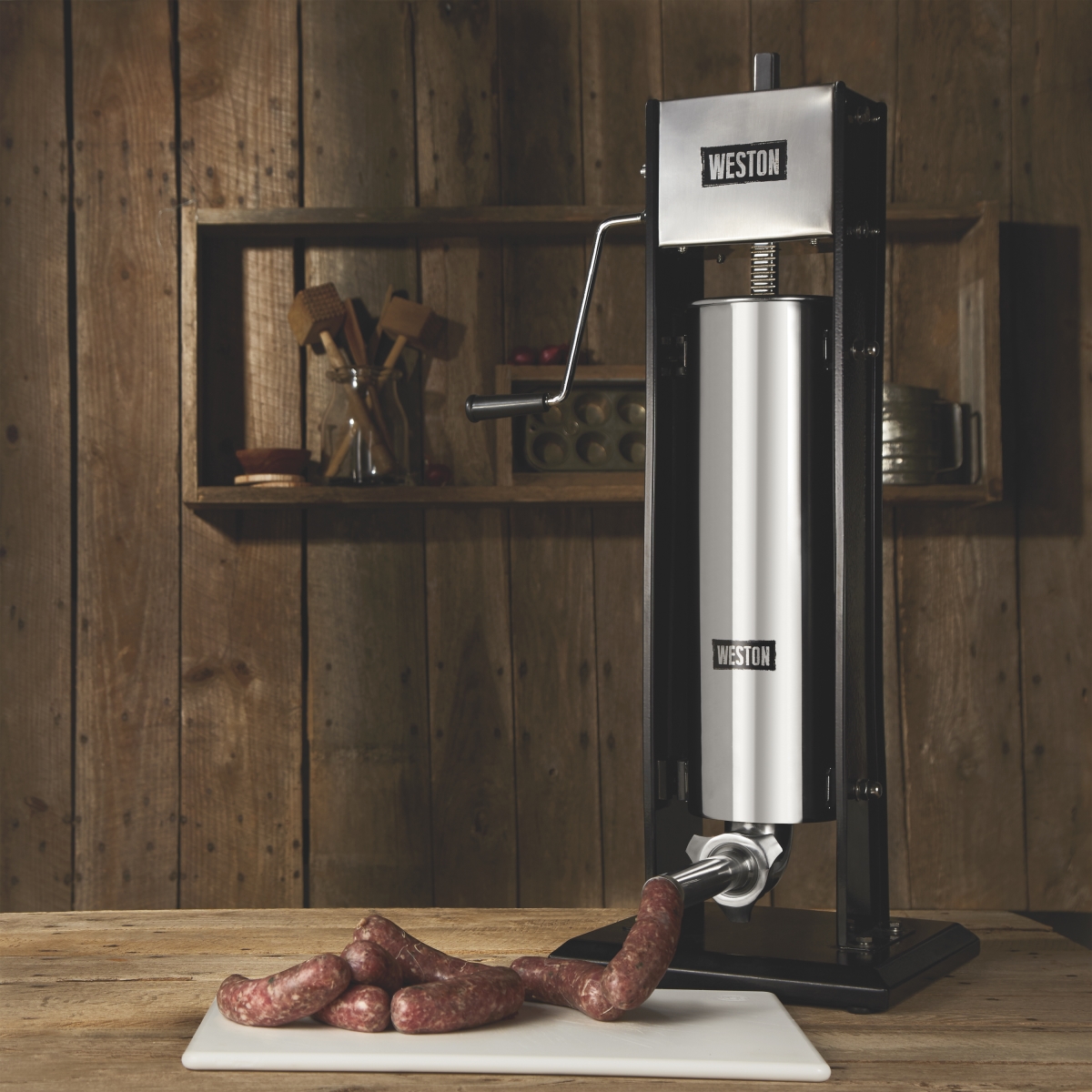 Weston 86-1501-W 15 lb Manual Vertical Sausage Stuffer w/ 4 Funnels, Stainless Steel, 15-lb. Capacity