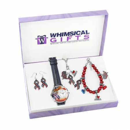Picture of Whimsical Gifts 1305S-4WBNESET American Patriotic July 4th Silver 4 Piece Watch-Bracelet-Necklace-Earrings Jewelry Set