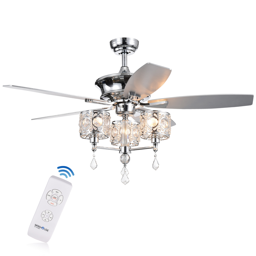 CFL-8329REMO-CH 52 in. Miramis 5-Blade Lighted Ceiling Fan with Crystal Chalice Chandelier, Silver Chrome