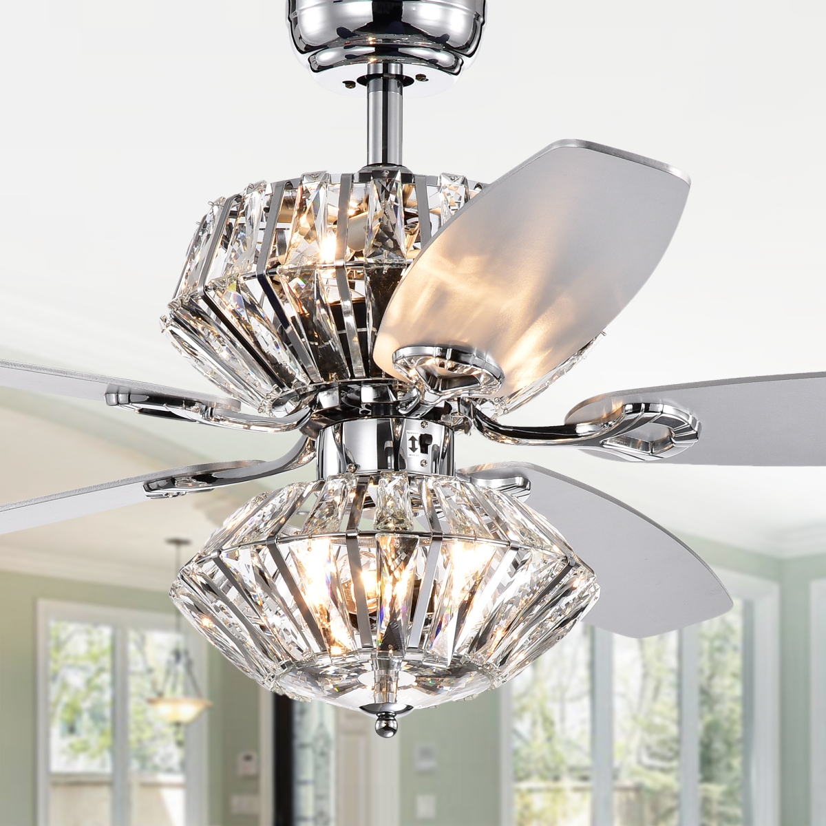 CFL-8366REMO-CHD 52 in. Makore Dual Lamp Lighted Ceiling Fan with Crystal Shades, Chrome