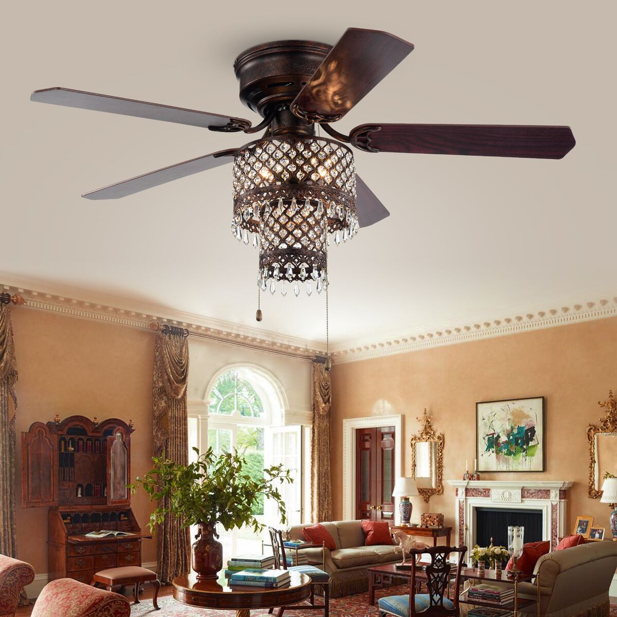 Picture of Warehouse of Tiffany CFL-8439RB 52 in. Arin 4-Light Indoor Hand Pull Chain Ceiling Fan, Bronze