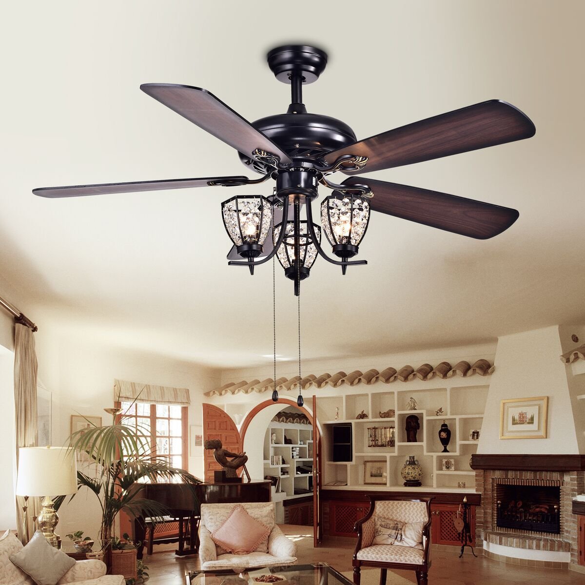 Picture of Warehouse of Tiffany CFL-8166BL 52 in. Mirabelle 3-Light Indoor Hand Pull Chain Ceiling Fan, Black