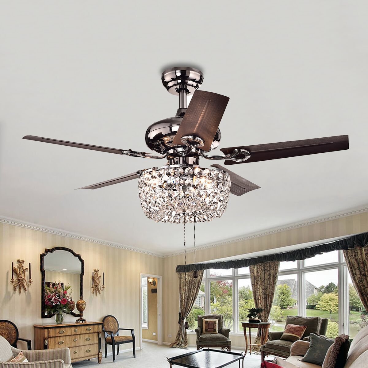 Picture of Warehouse of Tiffany CFL-8110 43 in. Angel 3-Light Indoor Hand Pull Chain Ceiling Fan, Brown
