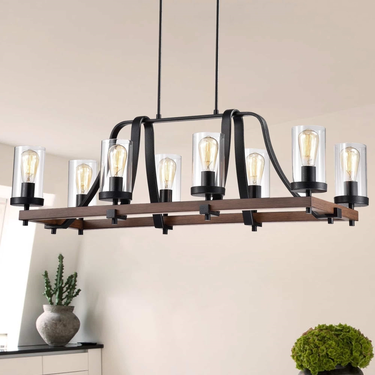 HM040-8 6 or 8 Lamps Guntel Forged Metal Multi-Light Chandelier with Glass Pillar Shades - Black -  WAREHOUSE OF TIFFANY, HM040/8