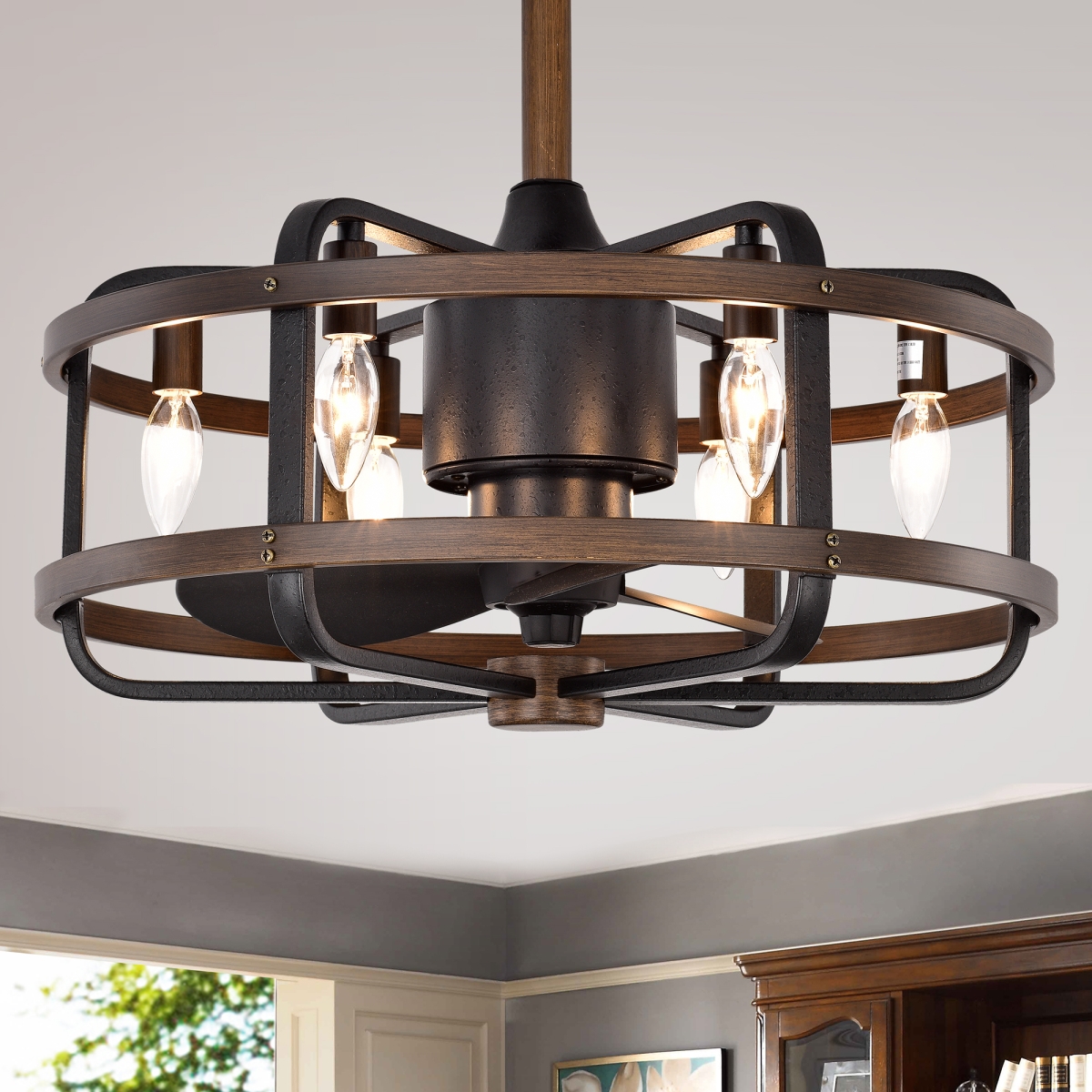 Carbon Loft Youngberg 3-Blade Fandelier with Caged Metal Wood Frame & Remote - Forged Black, Imitation Wood Grain -  WAREHOUSE OF TIFFANY, WA1047007