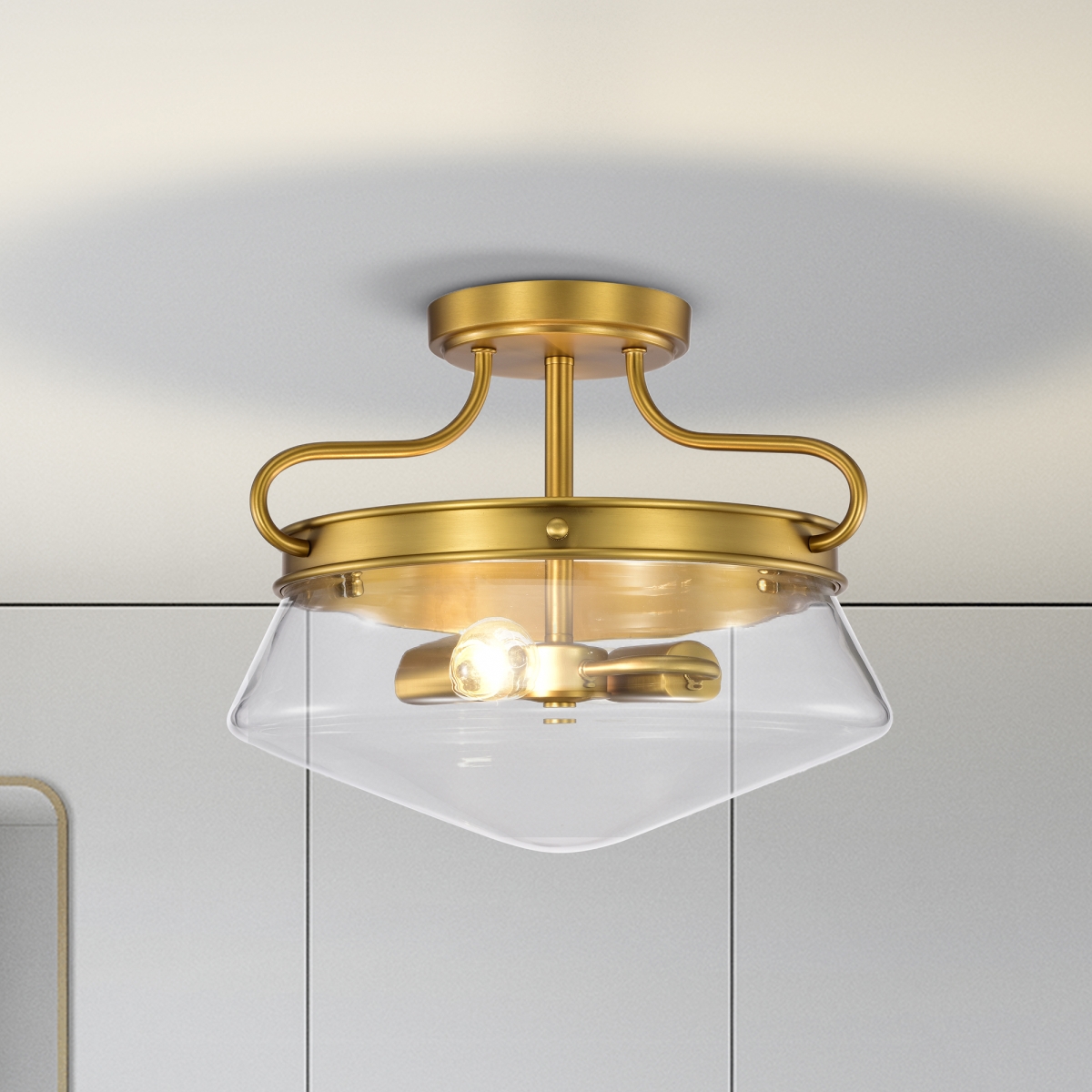 CD004-2AGB Elize Aged Brass 2-Light Metal & Glass Bowl Shade Semi-Flush Mount