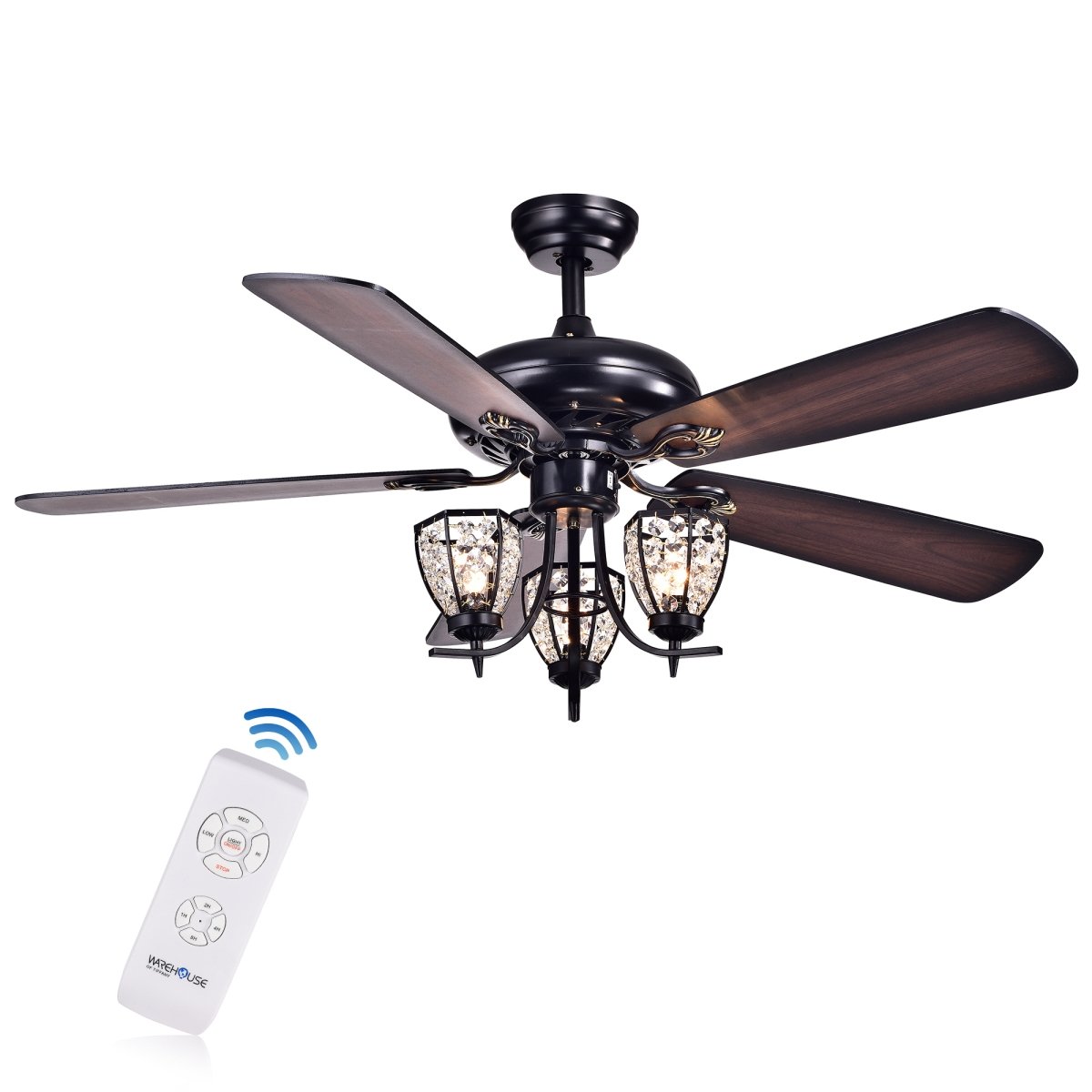 Picture of Warehouse of Tiffany CFL-8166REMO-BL 52 in. Mirabelle 3-Light Indoor Remote Controlled Ceiling Fan with Light Kit, Black