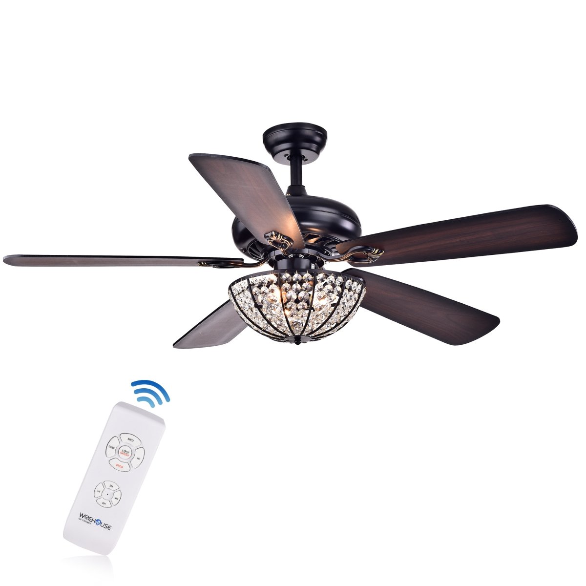 Picture of Warehouse of Tiffany CFL-8167REMO-BL 52 in. Hannele 3-Light Indoor Remote Controlled Ceiling Fan with Light Kit, Black