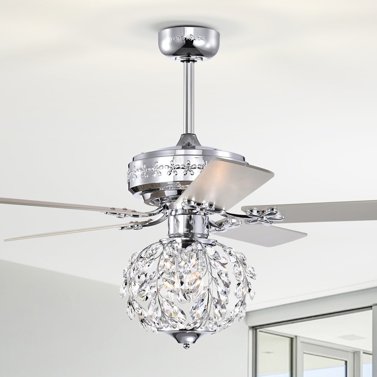 Picture of Warehouse of Tiffany AY06Y06CR 52 in. Wellas 3-Light Indoor Polished Chrome Ceiling Fan with Light Kit