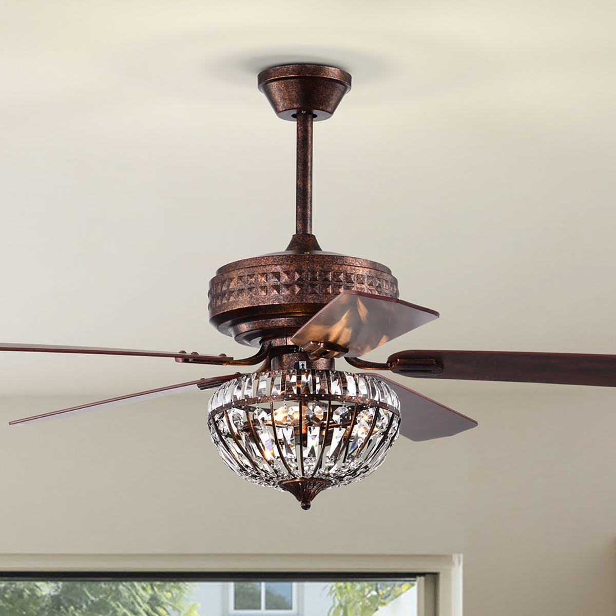 Picture of Warehouse of Tiffany AY10Y10AC 52 in. Violette 3-Light Indoor Antique Copper Ceiling Fan with Light Kit & Remote