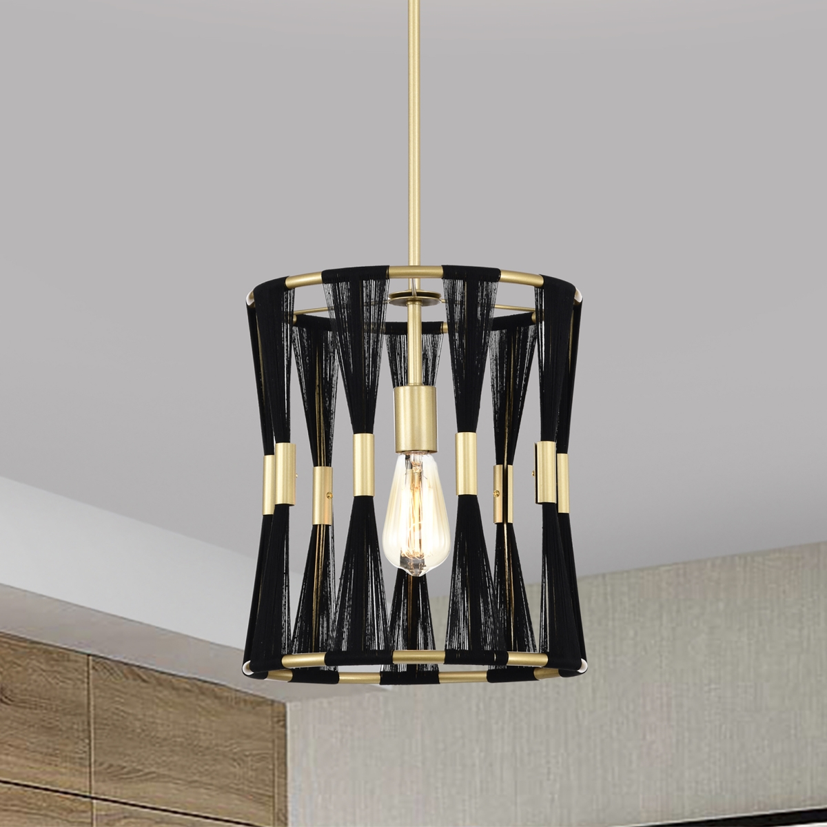 Picture of Warehouse of Tiffany IMP1212/1GB Mulus 12 in. 1-Light Indoor Satin Gold and Black Thread Finish Pendant Light with Light Kit