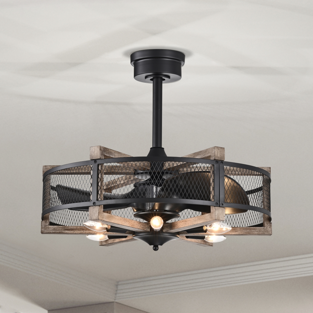 Picture of Warehouse of Tiffany DY19Y19BG Wulf 24 in. 6-Light Indoor Matte Black and Faux Wood Grain Finish Ceiling Fan with Light Kit
