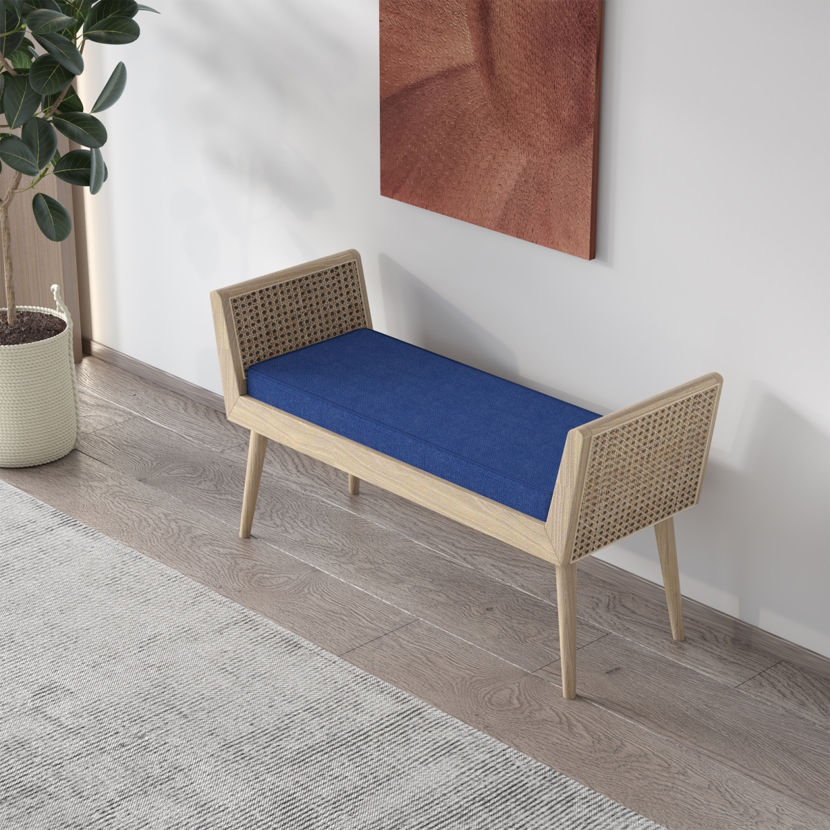 Picture of Warehouse of Tiffany EL3143-2 Aderyn Mid-Century Blue Padded Bench with Raised Rattan Arms