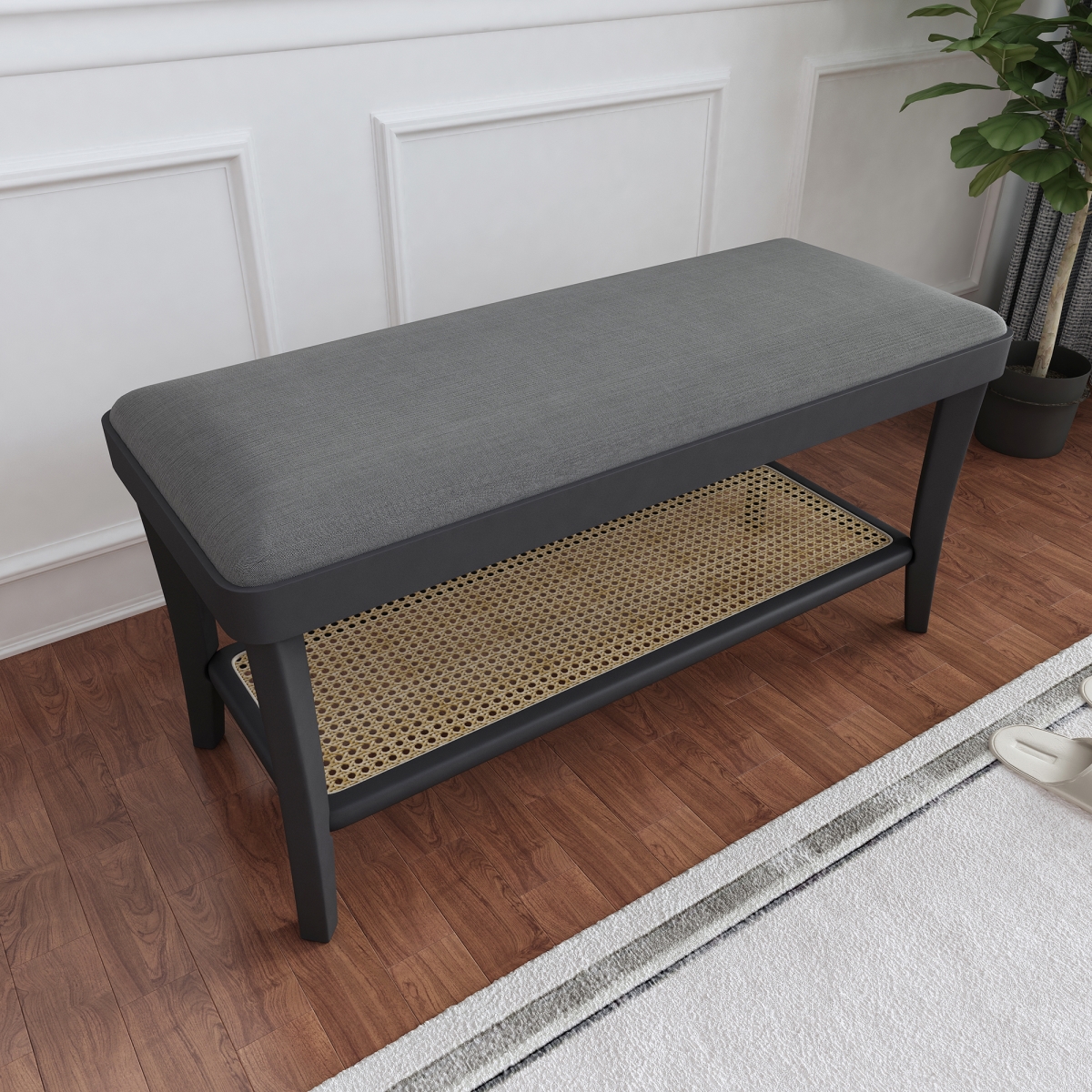 Picture of Warehouse of Tiffany EL2012 Maisy 15-Inch Solid Rectangle Bench - Gray Velvet w/ Birch wood legs+Natural rattan shelve