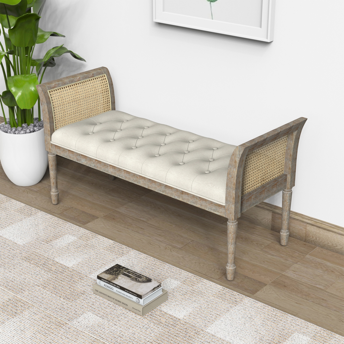 Picture of Warehouse of Tiffany EL3128-1 Dilwen Wooden Tufted Upholstered White Bench with High Flared Rattan Arms