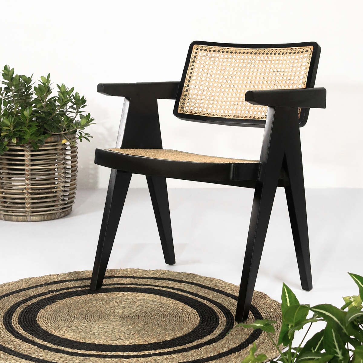Picture of Warehouse of Tiffany 123412 Nacum Black Stained Teak Wood and Natural Rattan Modern Armchair