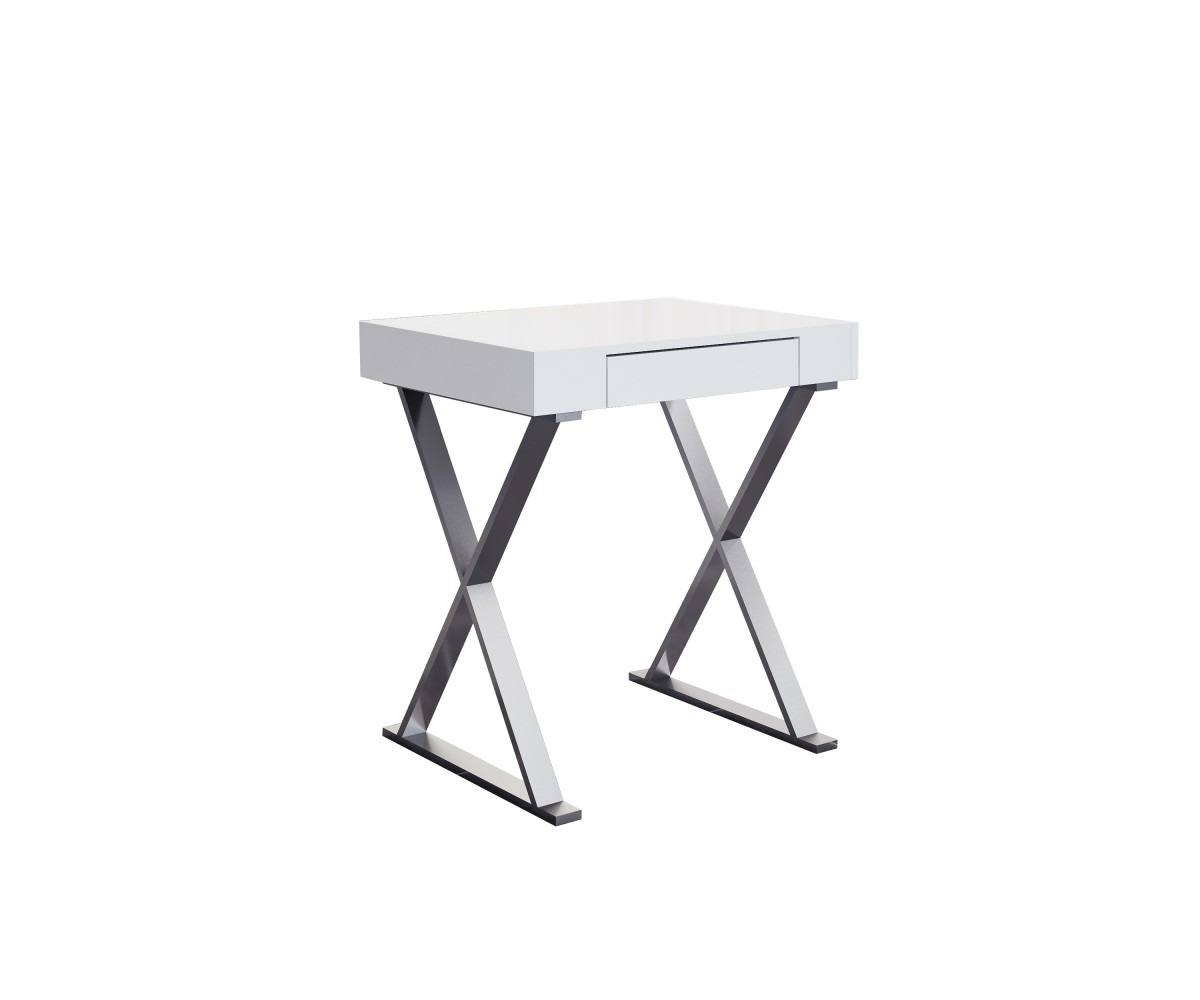 Whiteline Modern Living DK1205S-WHT 29 x 27 x 22 in. Elm Small Desk with One Drawer - High Gloss White, Stainless Steel Base