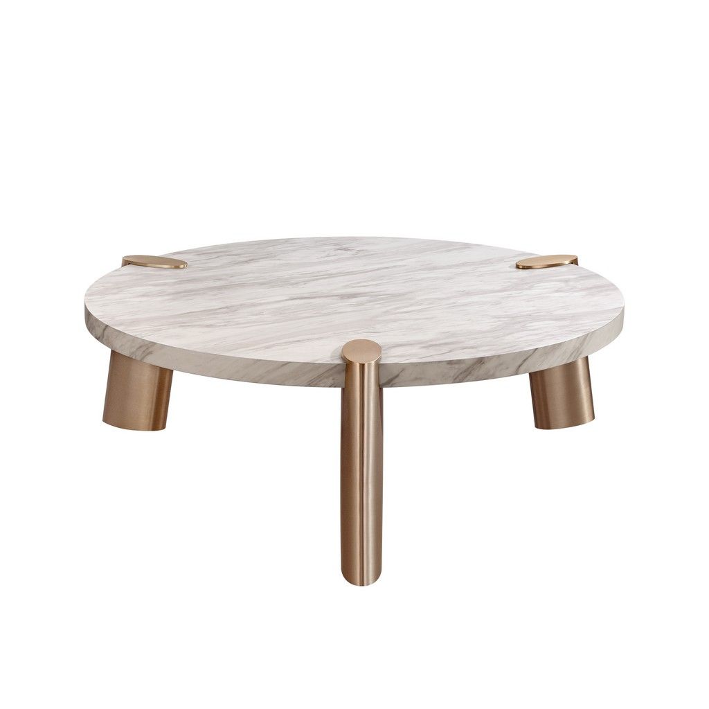 Mimeo Large Round Coffee Table - White Marble Top - Brushed Stainless Steel Legs