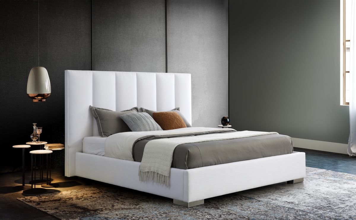 Velvet Queen Size Bed with Vertical Lines Designed Headboard, Fully Upholstered in Pure White Linen Blend Stain Proof Fabric & Stainless Legs