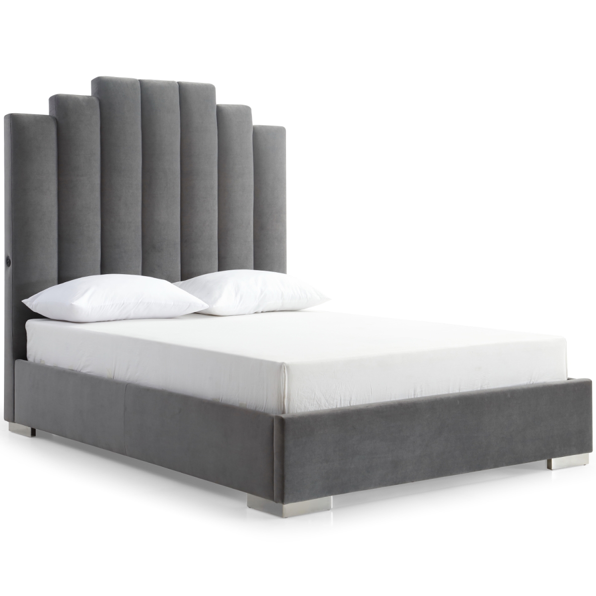 BQ1688F-GRY Velvet & Chrome Jordan Queen Bed with Double USB in Headboard, Gray - Queen Size