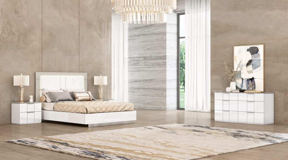 BK1723-WHT Daisy King Bed with Upholstered Panels Headboard In White & Stainless Steel Legs, High Gloss White