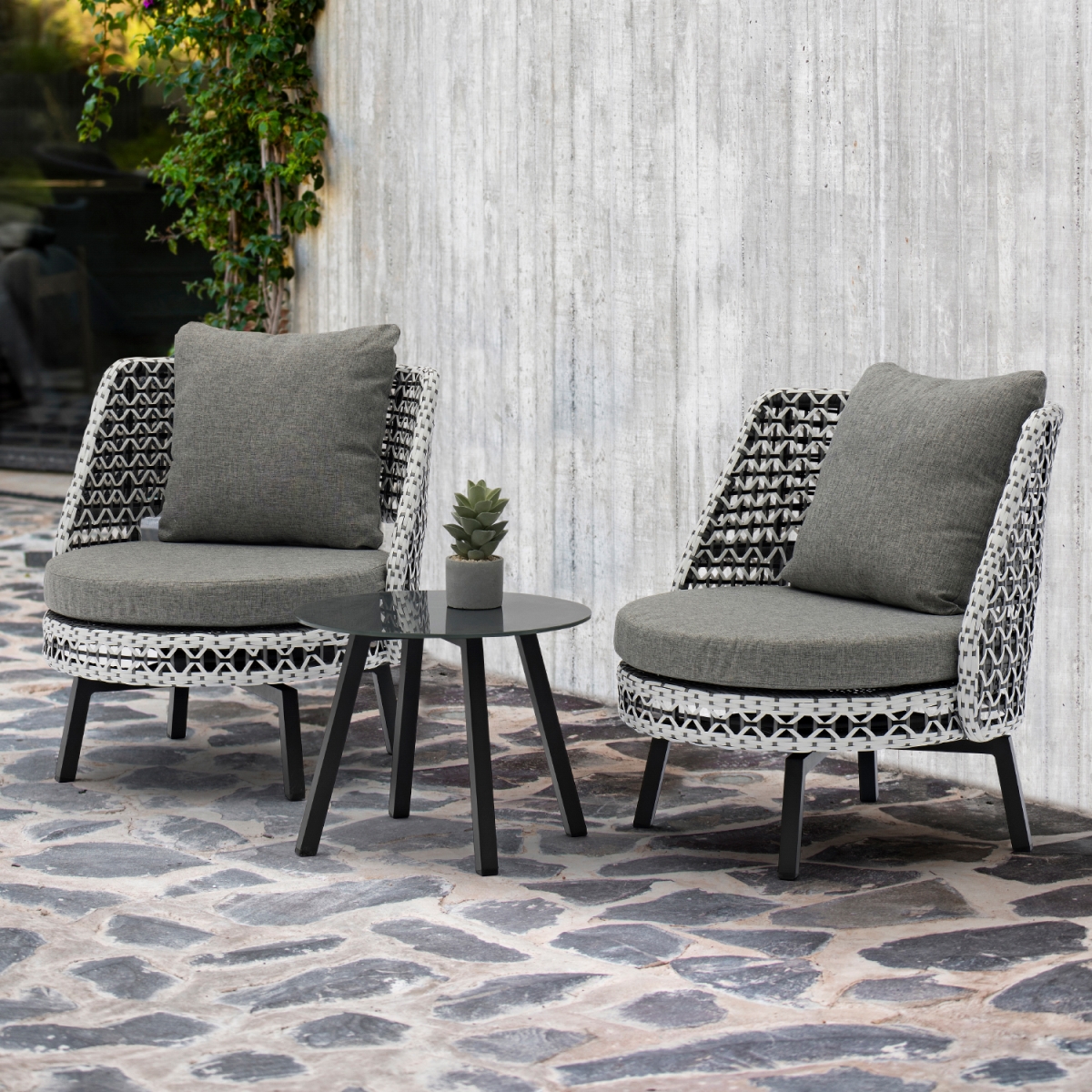 COL1729-GRY Koala Outdoor Accent Chairs & Side Table Set in Black, White & Grey - 3 Piece