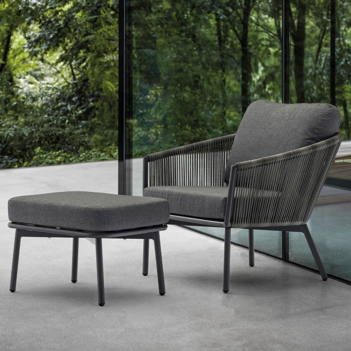 Picture of Whiteline Imports CH1734-GRY Yarrow Chair & Ottoman with Wicker & Metal Grey Powder-Coating Legs&#44; Dark Gray