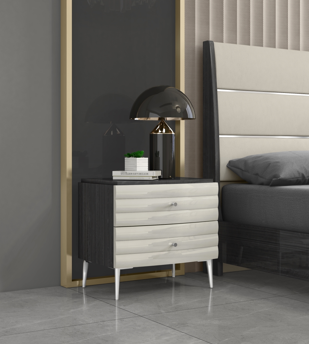 NS1752-DGRY-LGRY Pino High Gloss Angley Night Stand, Dark Grey