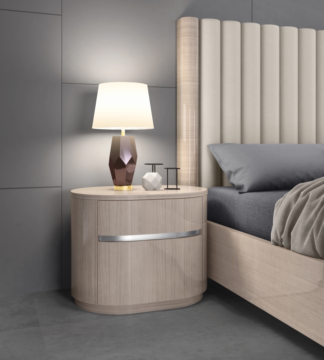NS1753-BEI Waves High Gloss Night Stand, Beige Angley