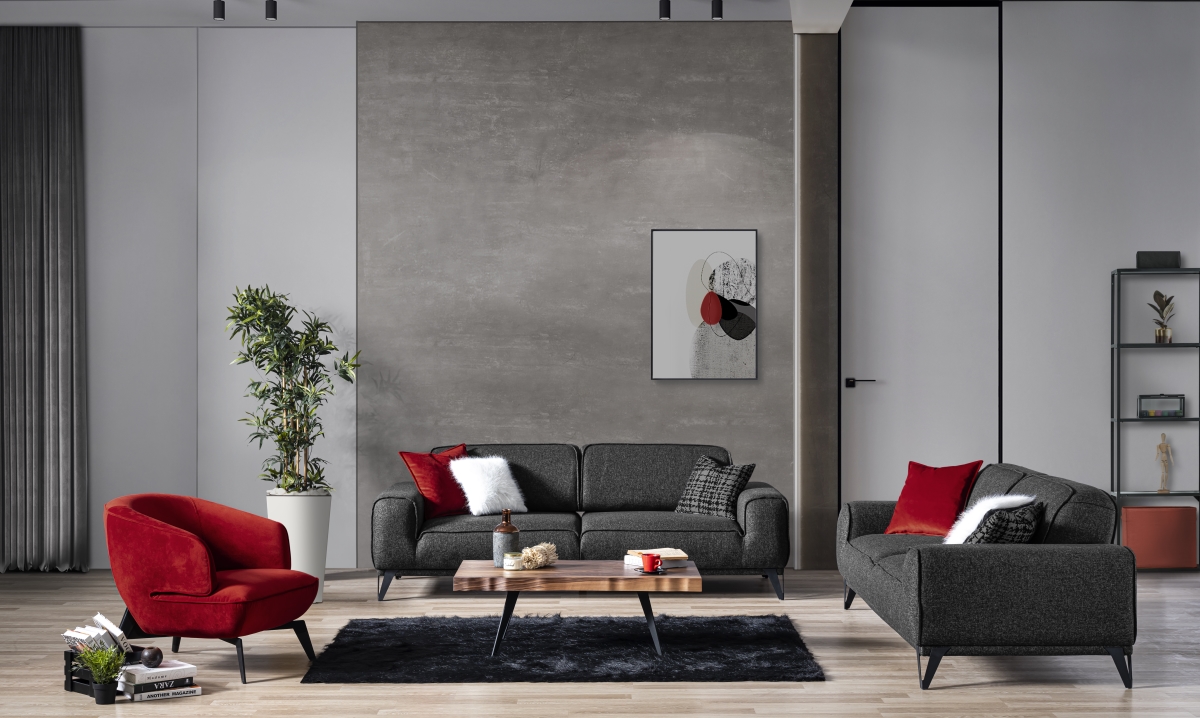 Bursa Sofa Bed with Matte Black Powder-Coated Legs & Three Pillows in White Feathered, Red Velvet & Black Linen, Dark Grey Linen Fabric