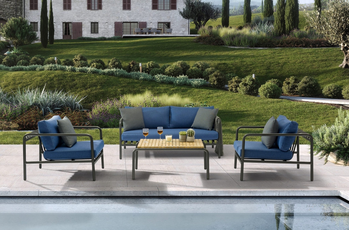 COL1833-BLU Andrea Aluminum Frame Powder-Coating Loveseat, 2 Single Chairs & Coffee Table Outdoor Collection, Dark Gray & Blue - 4 Piece