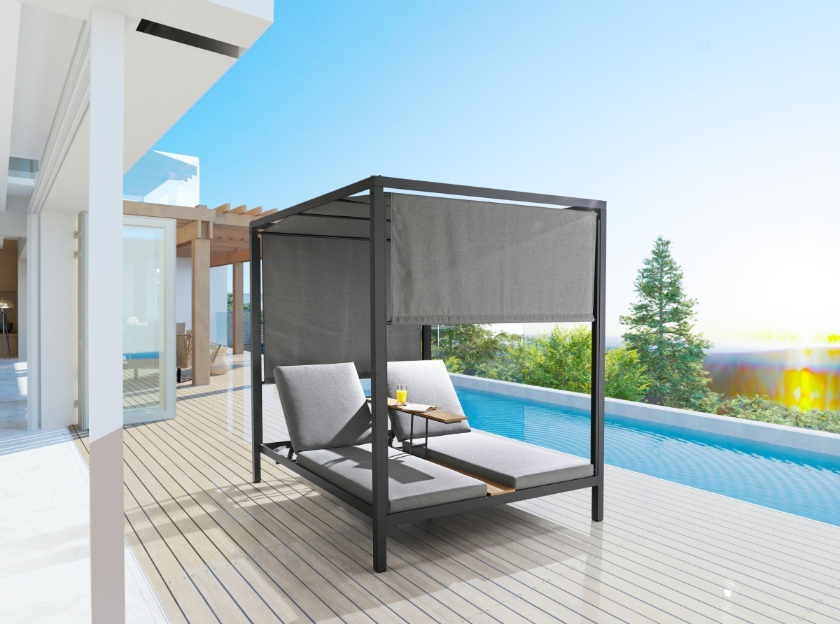 GAZ1838-GRY Alena Two Polyester Sling Loungers with Adjustable Positions Wood Tray in Between Gazebo, Dark Gray