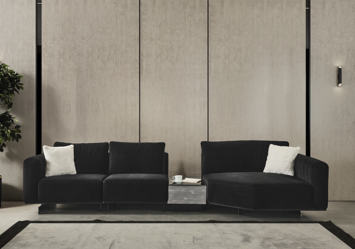 SO1839-BLK Vision Modular Sofa with Black Fabric, Mirror Middle Table & Nickel Legs