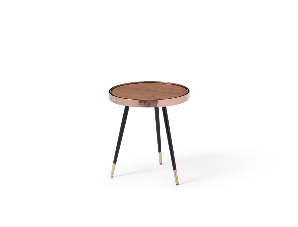 ST1880S-WLT 18 x 20 in. Meli Small Side Table - Walnut Veneer Top with Rose Gold Frame - Black Stainless Steel Legs & Rose Gold Caps, White