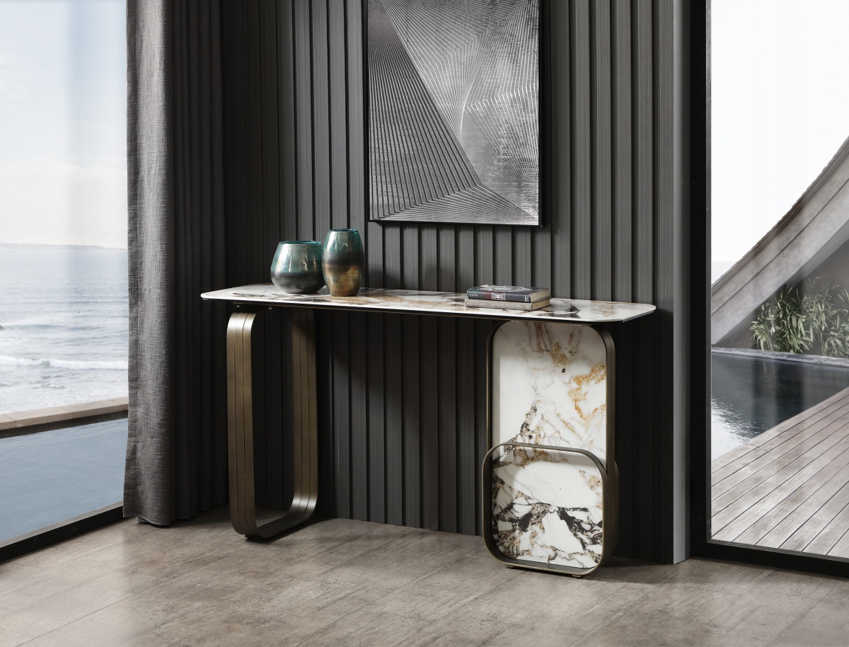 CO1884-WHT-BLK-GLD 55 x 16 x 30 in. Kora Console Table - 8 mm Glass Plus 6 mm Ceramic White - Black & Gold Marbolized Top