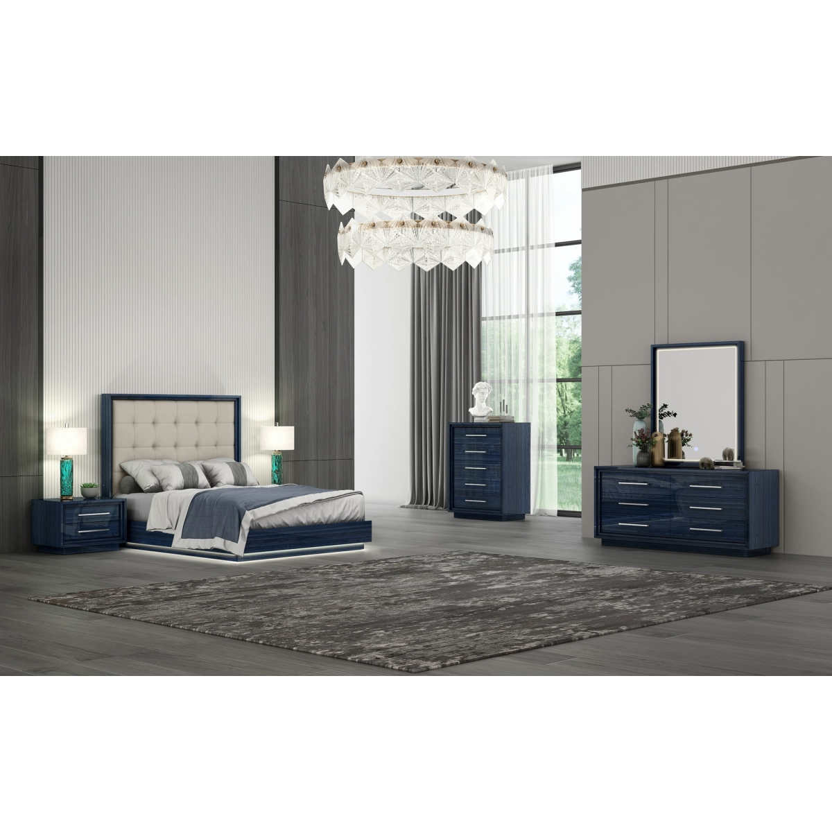 BQ1937-BLU-LGRY Alexander Bed - High Gloss Sapphire Lacquer - Queen Size - Upholstered with LED Light