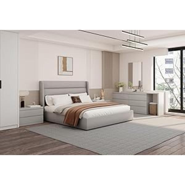 Whiteline BQ1926F-LGRY Modern Living Tokyo Bed - Fully Upholstered Fabric & Padded Rectangular Design, Light Gray - Queen Size